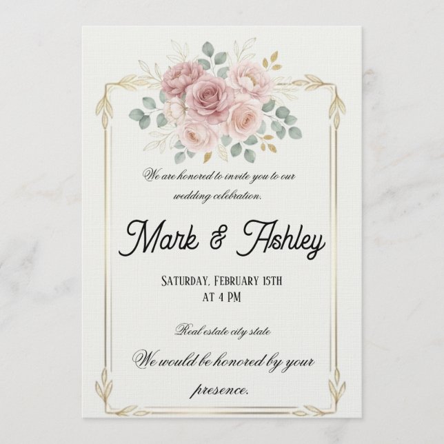 Convites Elegant Blush Rose & Gold Frame Wedding Invitation (Frente)