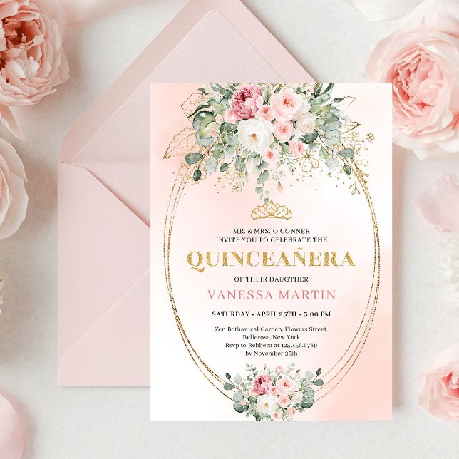 Convites Elegant Blush Roses Boho Quinceañera Gold Invitati (Elegant Blush Roses Boho Quinceañera Gold Invitation)