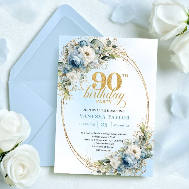 Convites Elegant Bohemian Blue White Floral Gold 90th Bday (Elegant Bohemian Blue White Floral Gold 90th Birthday)