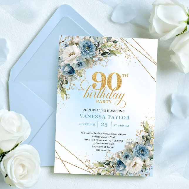 Convites Elegant Bohemian Dusty Blue White Floral 90th Bday (Elegant Bohemian Dusty Blue White Floral 90th Birthday)