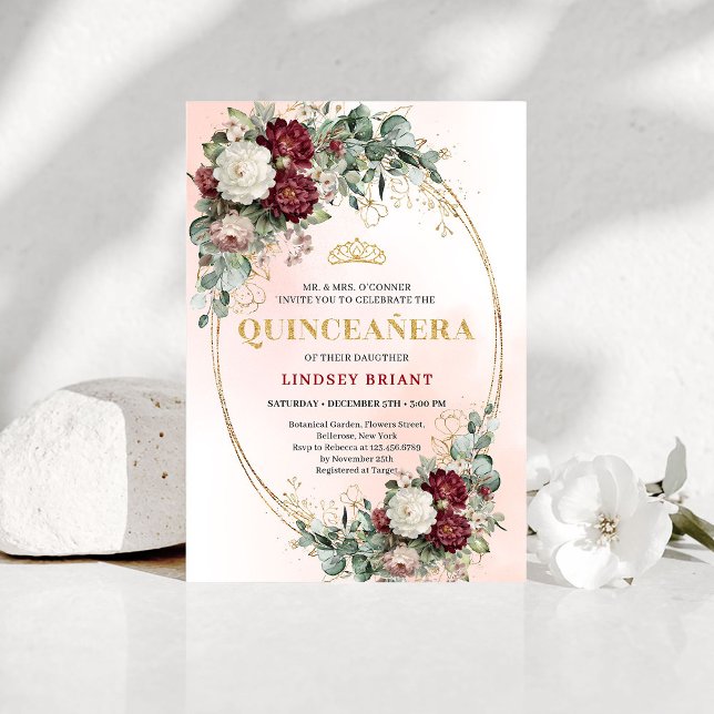 Convites Elegant Bohemian Marsala Flowers Gold Quince (Elegant Bohemian Marsala Flowers Gold Quince Invitation)