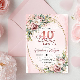 Convites Elegant Bohemian Powder Pink Flowers 40th Birthday