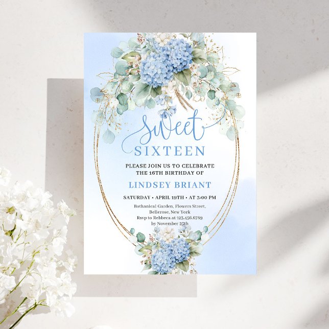 Convites Elegant Boho Blue Hydrangeas Sweet Sixteen Invite (Elegant Boho Blue Hydrangeas Sweet Sixteen Invite)
