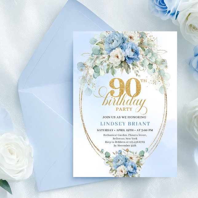 Convites Elegant Boho Blue Peonies 90th Birthday Invitation (Elegant Boho Blue Peonies 90th Birthday Invitation)