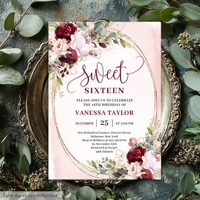 Convites Elegant Boho Blush Burgundy Floral Sweet Sixteen  (Elegant Boho Blush Burgundy Floral Sweet Sixteen Invite

)