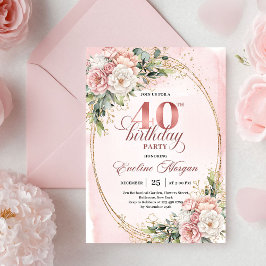 Convites Elegant Boho Blush Floral 40th Birthday Invitation