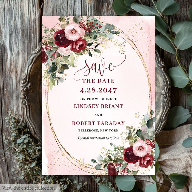 Convites Elegant Boho Burgundy Blush Gold Floral Save Date (Elegant Boho Burgundy Blush Gold Floral Save Date)