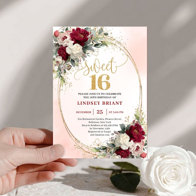 Convites Elegant Boho Burgundy Gold Floral 16th Birthday  (Elegant Boho Burgundy Gold Floral 16th Birthday Invite)