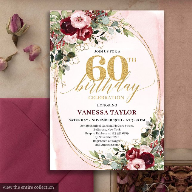 Convites Elegant Boho Burgundy Gold Floral 60th Birthday (Elegant Boho Burgundy Gold Floral 60th Birthday)