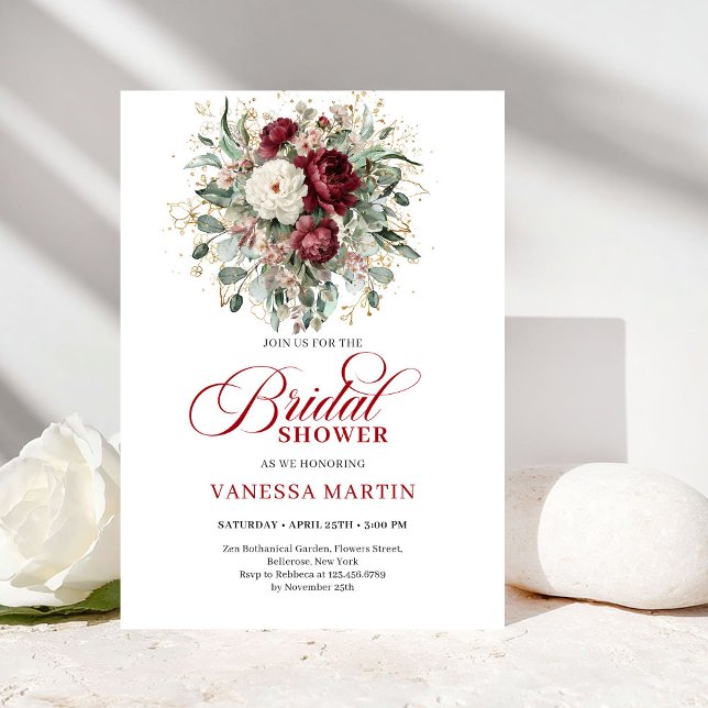 Convites Elegant Boho Burgundy & White Floral Bridal Shower (Elegant Burgundy & White Floral Bridal Shower Invite)
