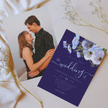 Convites Elegant Boho Chic Floral Blue Photo Wedding<br><div class="desc">Celebrate your love story with a truly unique and enchanting navy blue floral wedding photo invitation, beautifully designed for an elegant spring or summer celebration. This refined design features graceful, whimsical script paired with romantic watercolor wildflower florals, creating a sophisticated yet joyful seasonal aesthetic. Hand-painted flowers including poppies and cornflowers,...</div>