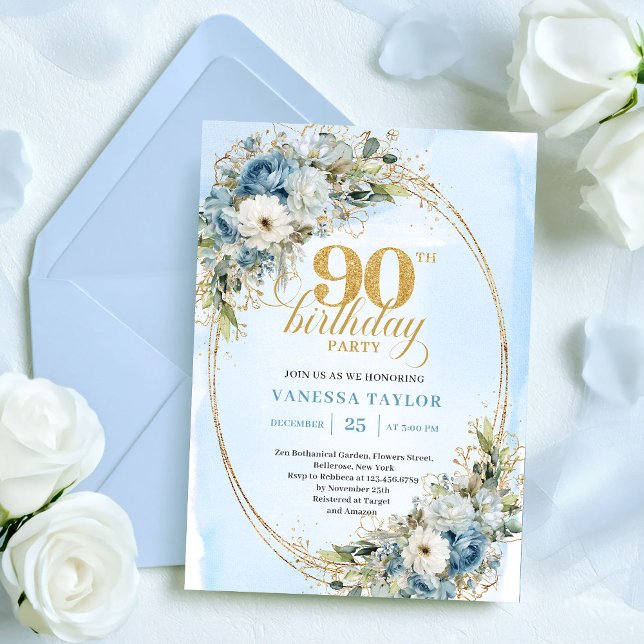 Convites Elegant Boho Dusty Blue Floral Gold 90th Birthday (Elegant Boho Dusty Blue Floral Gold 90th Birthday Invitation)