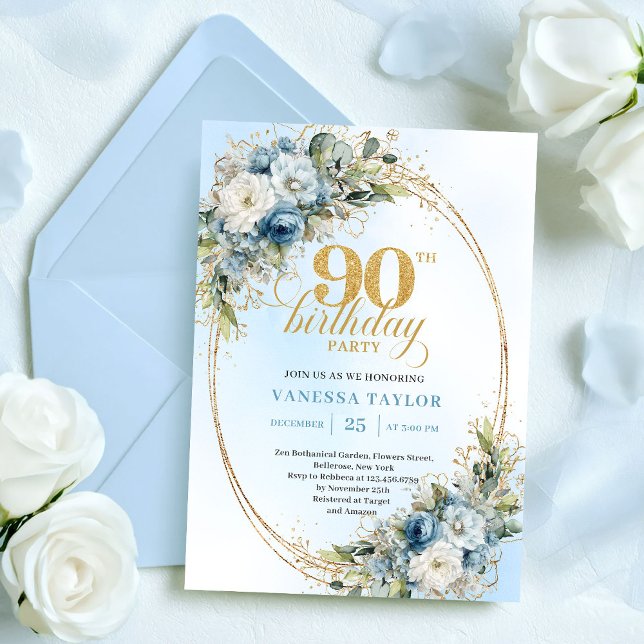 Convites Elegant Boho Dusty Blue Floral Gold 90th Birthday (Elegant Dusty Blue Floral Gold 90th Birthday Invite

)