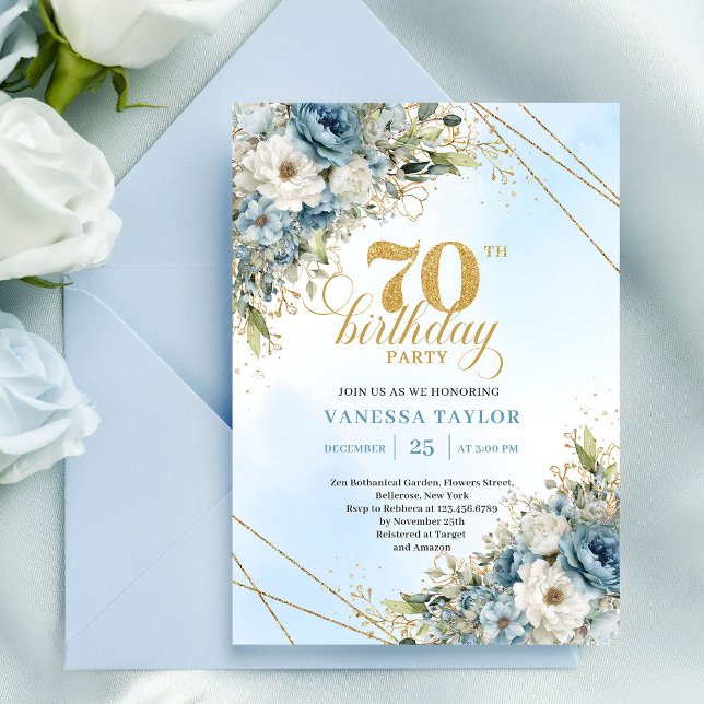 Convites Elegant boho dusty blue florals gold frame 70th  (Elegant boho dusty blue florals gold frame 70th birthday

)