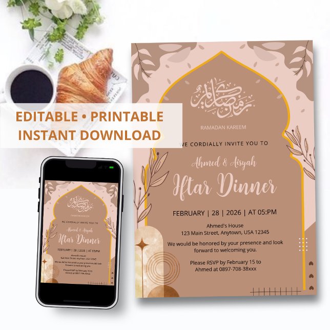Convites Elegant Boho Earth Tone Islamic Arch Iftar Dinner (Criador carregado)