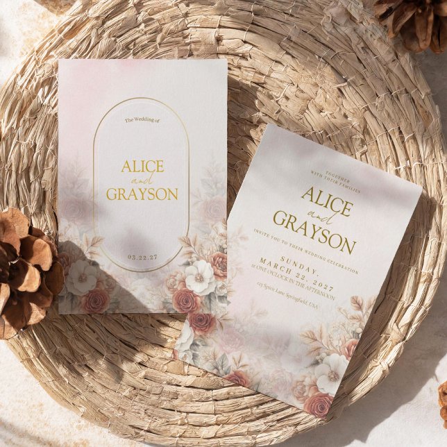 Convites Elegant Boho Floral Cream Pink Modern Wedding (Criador carregado)