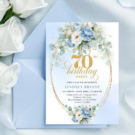 Convites Elegant Boho Light Blue Flowers Gold 70th Birthday