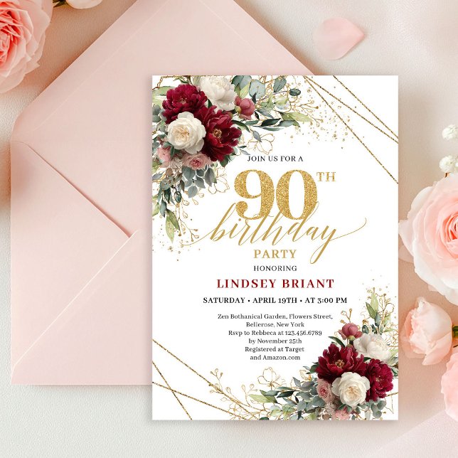 Convites Elegant Boho Maroon White Roses Gold 90th Birthday (Elegant Maroon White Roses Gold 90th Birthday Invite)