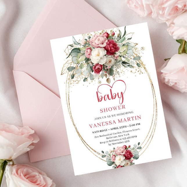 Convites Elegant Boho Ruby Blush Gold Floral Baby Shower  (Elegant Boho Ruby Blush Gold Floral Baby Shower Invitation)