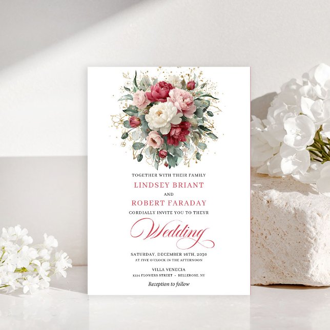 Convites Elegant Boho Ruby Red Blush Greenery Invitation (Elegant Boho Ruby Red Blush Greenery Invitation)