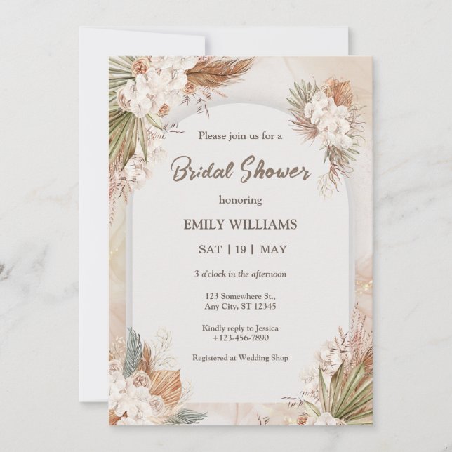 Convites Elegant Boho Tropical Pampas Grass Bridal Shower (Frente)