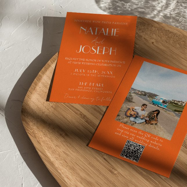Convites Elegant Bold Orange Stylish Photo QR Code Wedding (Criador carregado)