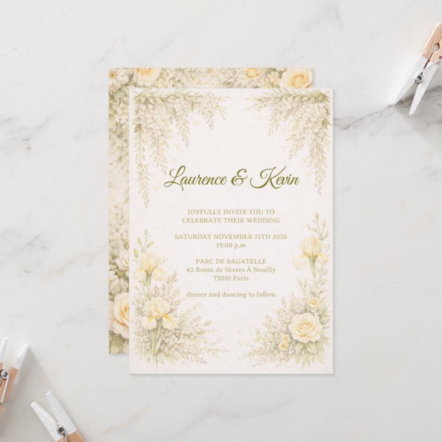 Convites Elegant Botanical Wedding Invitation Green Floral  (Frente/Verso In Situ)