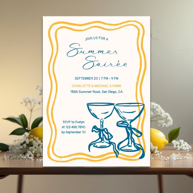 Convites Elegant Bow Cocktail Summer Soirée (Elegant Summer Soirée Invitation – Modern Handwritten Script with Retro Frame & Cocktail Glasses)