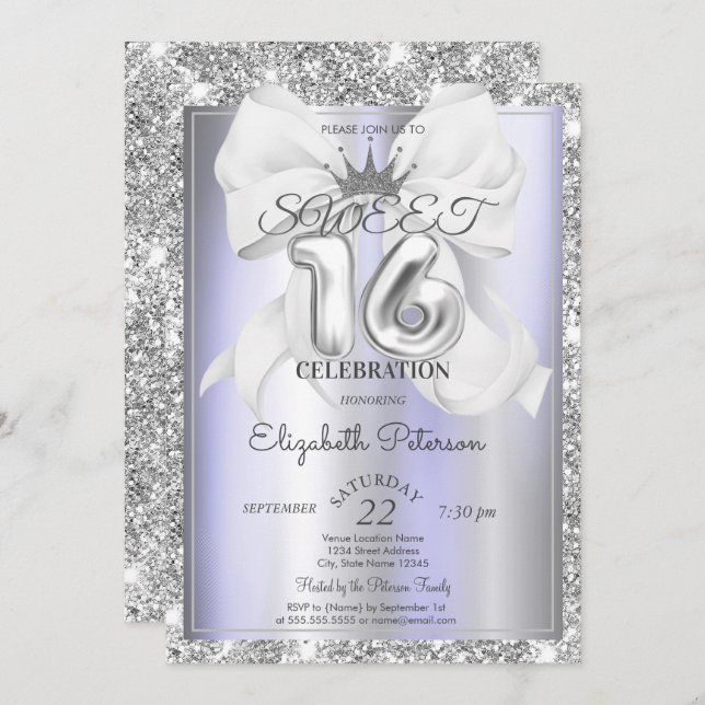 Convites Elegant Bow,Tiara,Violet Silver Glitter Sweet 16  (Frente/Verso)