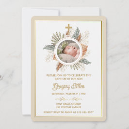 Convites Elegant Boy Baptism Greenery Cross Photo  Invitati