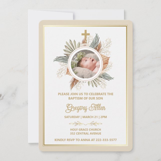 Convites Elegant Boy Baptism Greenery Cross Photo  Invitati (Frente)
