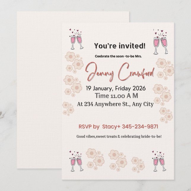 Convites Elegant Bridal Shower Invitation | Printable & Cus (Frente/Verso)