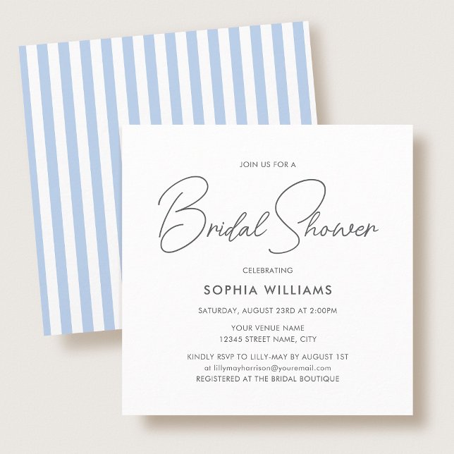 Convites Elegant Bridal Shower Modern Script Blue Stripes (Criador carregado)