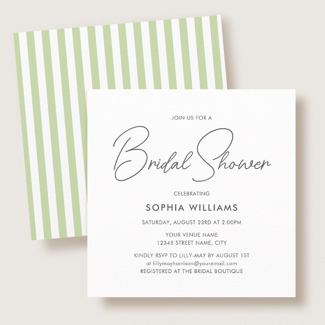 Convites Elegant Bridal Shower Modern Script Green Stripes (Criador carregado)