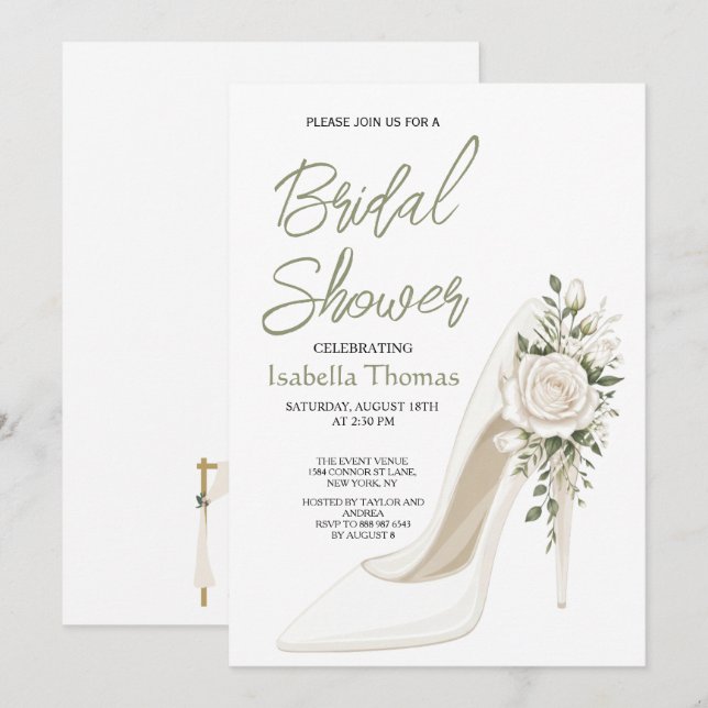 Convites Elegant Bridal Shower with White Floral High Heel (Frente/Verso)