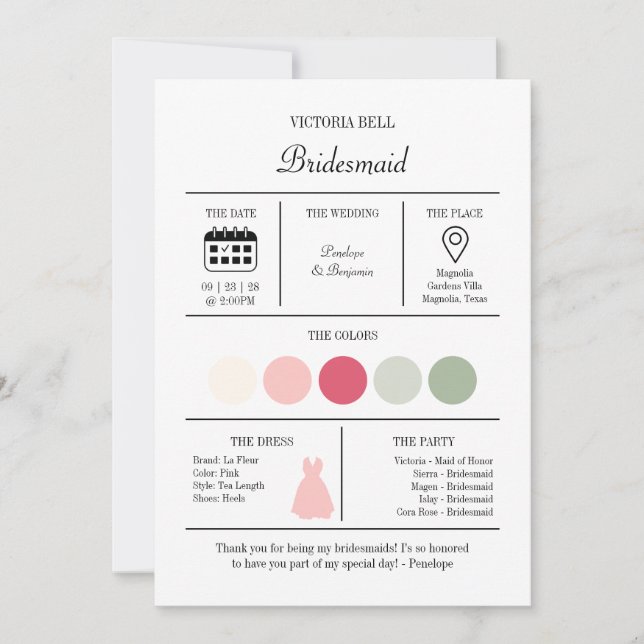 Convites Elegant Bright Pink Bridesmaid Information Card (Frente)