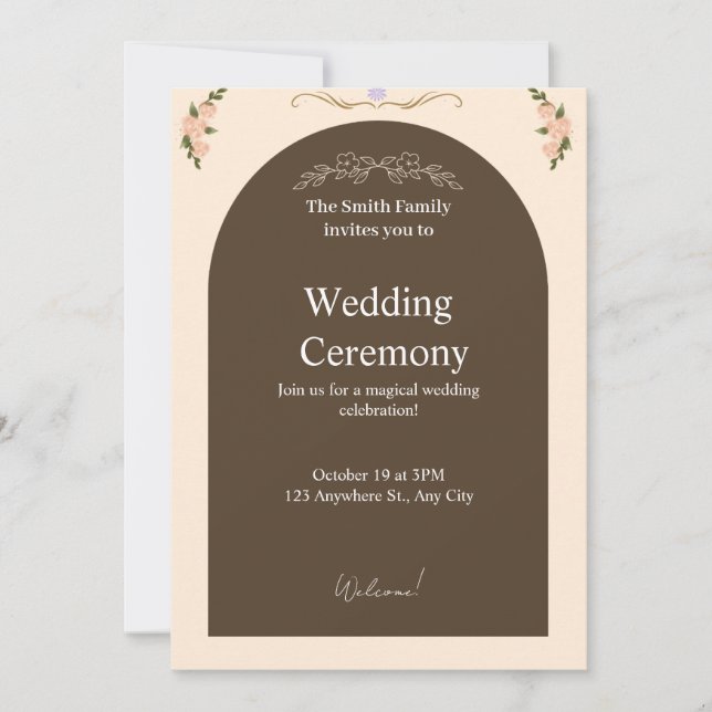 Convites Elegant Brown Arch Floral Wedding Invitation | Min (Frente)
