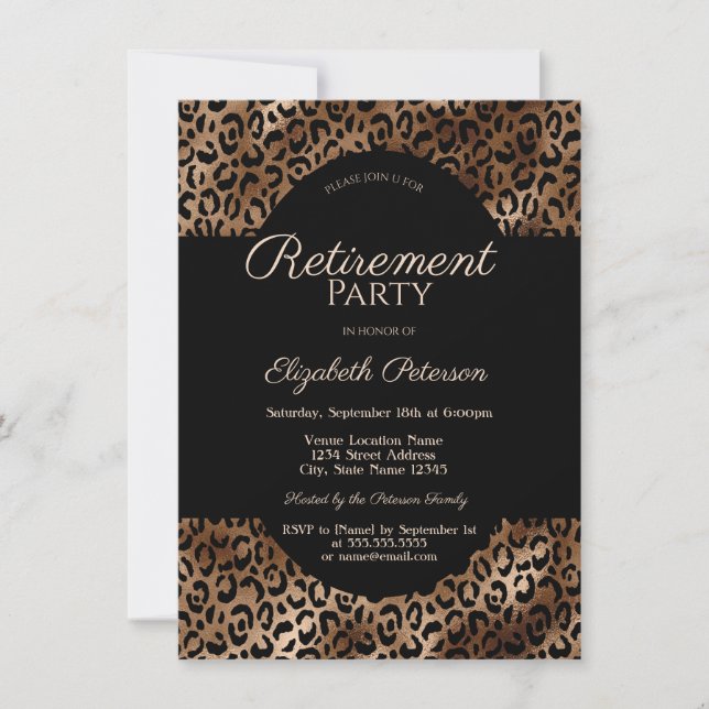 Convites Elegant Brown Leopard Print Retirement Party (Frente)