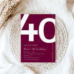 Convites Elegant Burgundy 40th Birthday Party<br><div class="desc">Celebrate turning Forty in sophisticated style with this Elegant Burgundy 40th Birthday Invitation Designed with a rich burgundy color palette and a clean, modern layout, this invitation is perfect for a classy milestone celebration. Whether you're planning an intimate dinner or glamorous birthday event, this design sets the tone for a...</div>