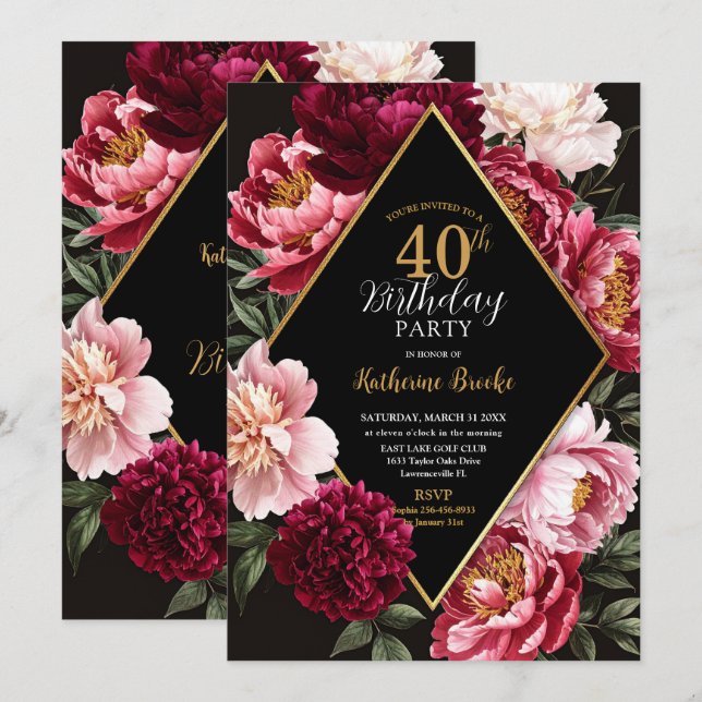 Convites Elegant Burgundy and Blush Peony Floral Birthday (Frente/Verso)