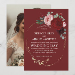 Convites Elegant Burgundy and Gold Floral Photo Overlay