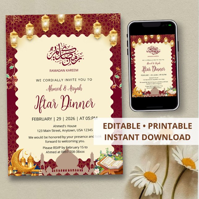 Convites Elegant Burgundy and Gold Iftar Invitation Lantern (Criador carregado)