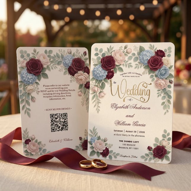 Convites Elegant Burgundy Blush Pink Modern QR Code Wedding (Criador carregado)