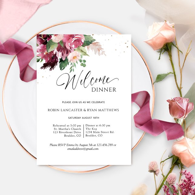 Convites Elegant Burgundy Blush Pink Welcome Dinner (Criador carregado)