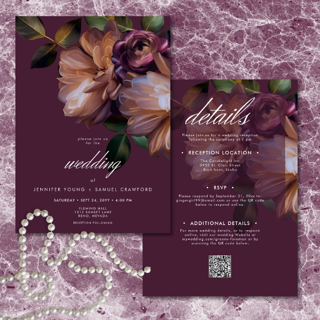 Convites Elegant Burgundy Classic Moody Floral Two Sided (Elegant Burgundy Classic Moody Floral Two Sided Invitation)