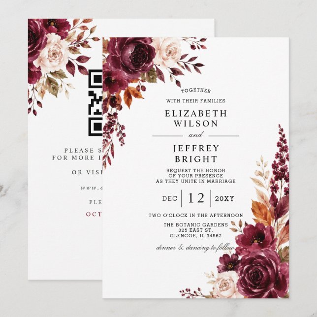 Convites Elegant Burgundy Fall Floral QR Code Wedding (Frente/Verso)