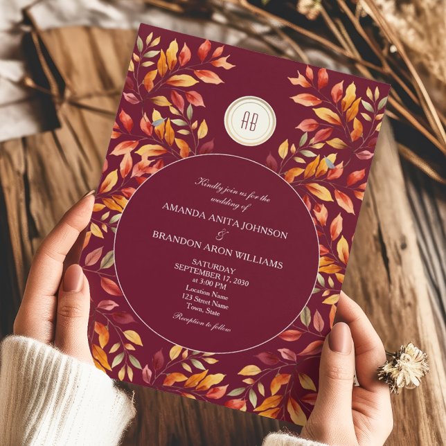 Convites Elegant Burgundy Fall Leaves Wedding (Criador carregado)