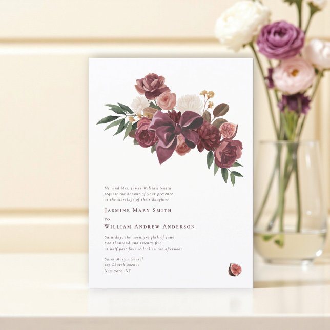 Convites Elegant Burgundy fig Floral Wedding Announcement (Criador carregado)