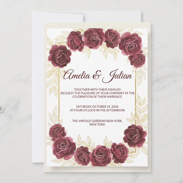 Convites Elegant Burgundy Floral and Gold Wedding Invitatio (Frente)