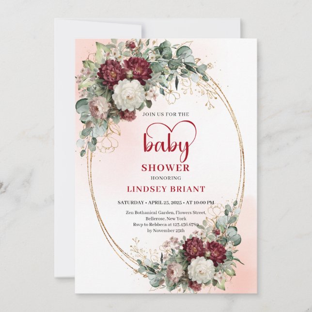 Convites Elegant Burgundy Floral Baby Shower Invitation (Frente)